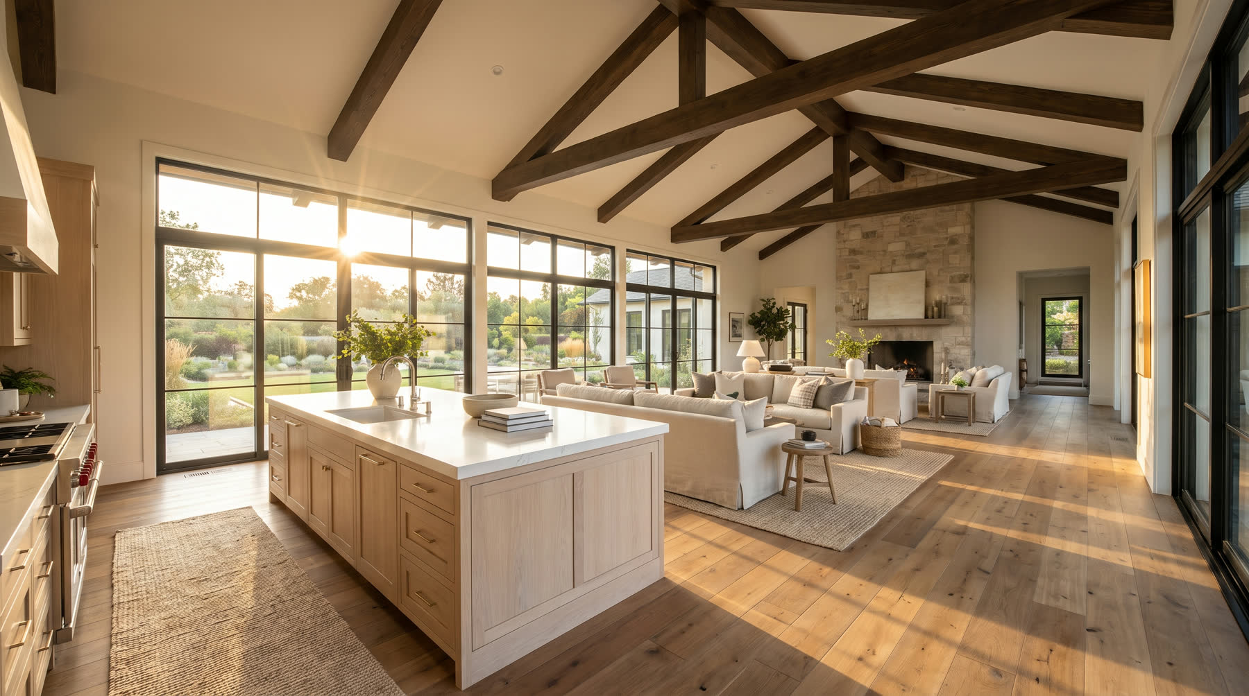 Sunlit open-plan great room staged for sale