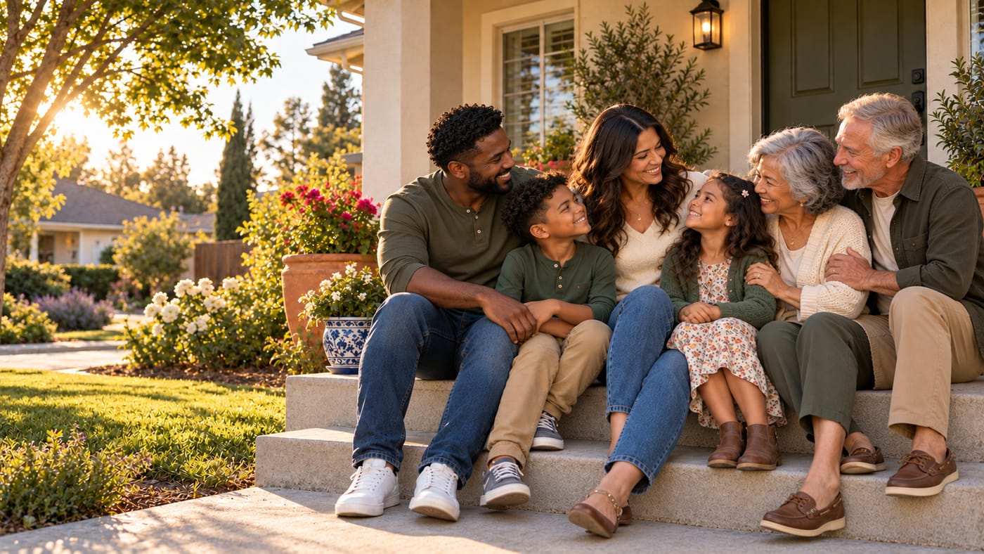 Illustrative photo: a family on the front porch of a Central Valley home at golden hour